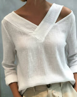 Vera | Women's Asymmetric V-Neck Long Sleeve Linen Look Top