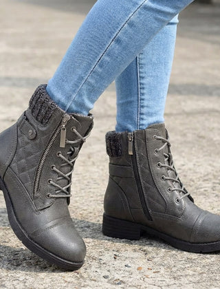 Women’s Quilted Leather Lace-Up Ankle Boots in Gray