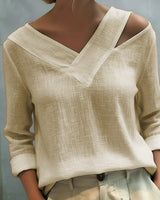 Vera | Women's Asymmetric V-Neck Long Sleeve Linen Look Top