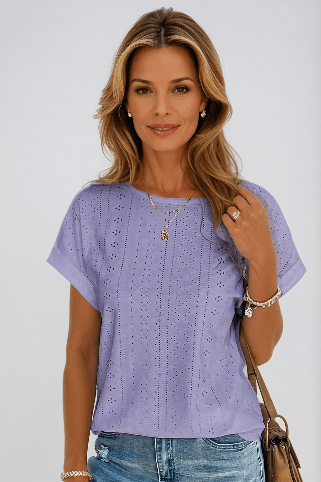 Clover | Women's Eyelet Short Sleeve Top Casual Crew Neck