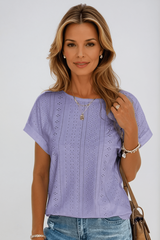 Clover | Women's Eyelet Short Sleeve Top Casual Crew Neck