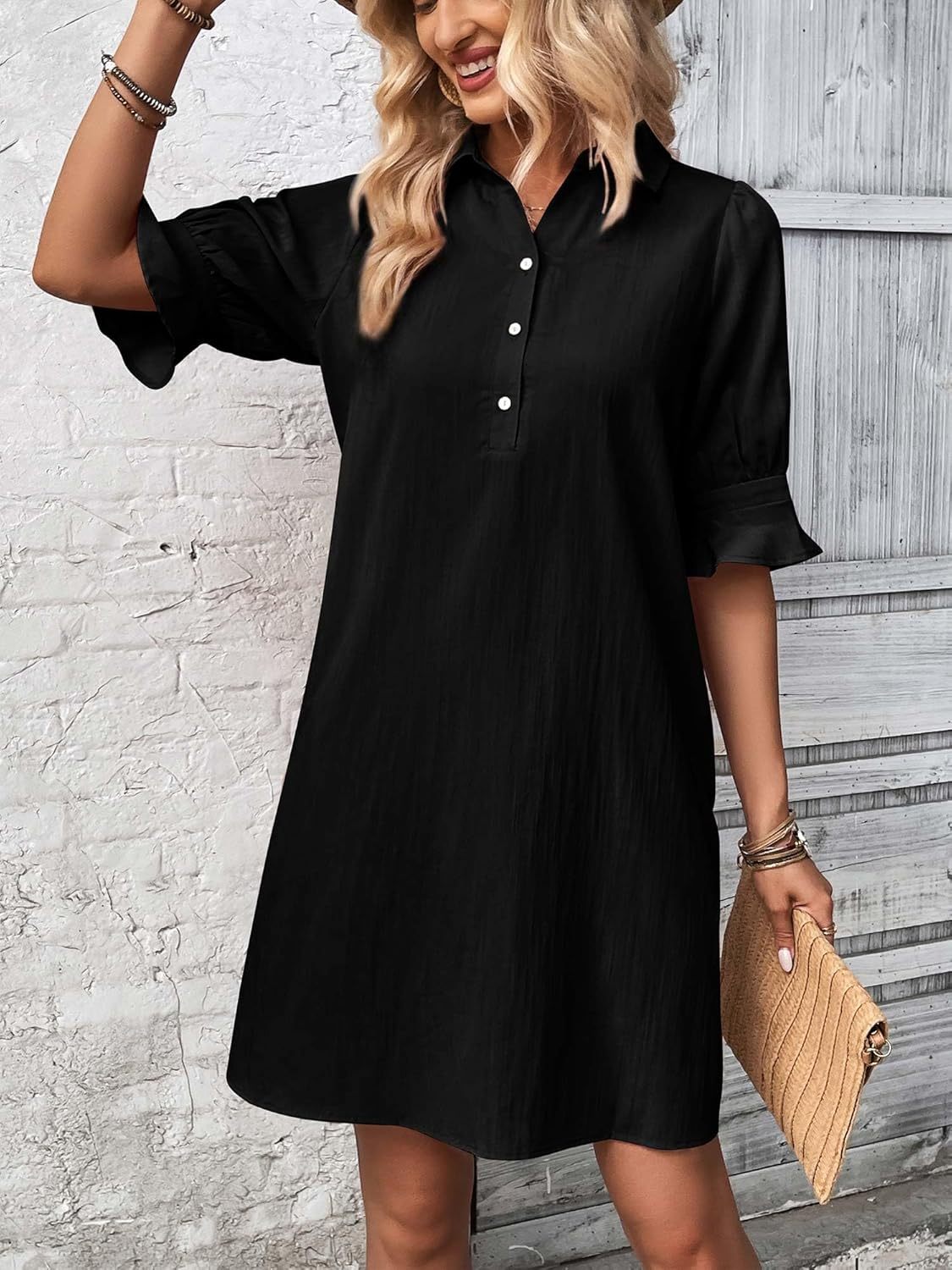 Ember | Women's Collared Ruffle Sleeve Shirt Dress Knee Length