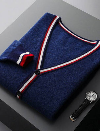 Men’s Wool-Blend Contrast-Trim Cardigan in Deep Blue