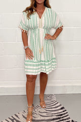 Gail | Women's Boho Print Midi Dress V-Neck Short Sleeve Tiered Summer Dress