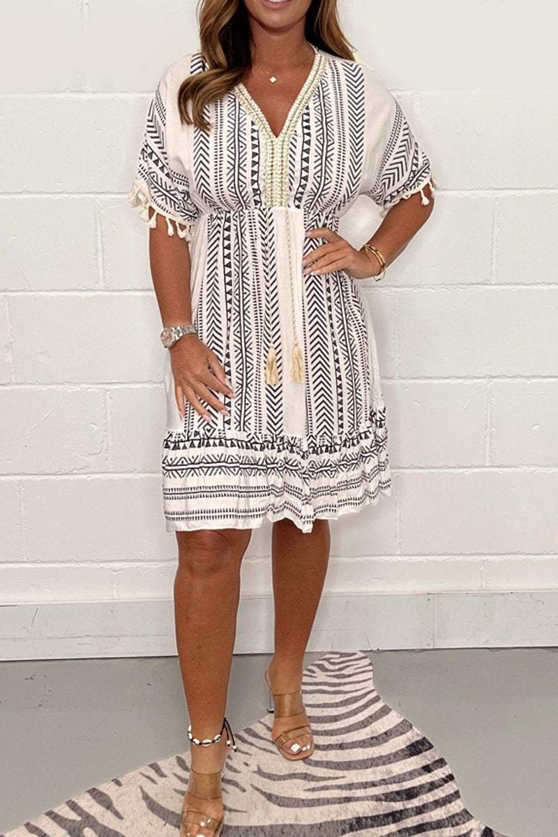 Gail | Women's Boho Print Midi Dress V-Neck Short Sleeve Tiered Summer Dress