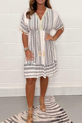 Gail | Women's Boho Print Midi Dress V-Neck Short Sleeve Tiered Summer Dress