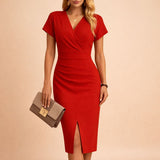 Celine™ | Women's V-Neck Midi Dress with Front Slit