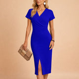 Celine™ | Women's V-Neck Midi Dress with Front Slit