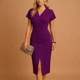 Celine™ | Women's V-Neck Midi Dress with Front Slit