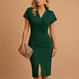 Celine™ | Women's V-Neck Midi Dress with Front Slit