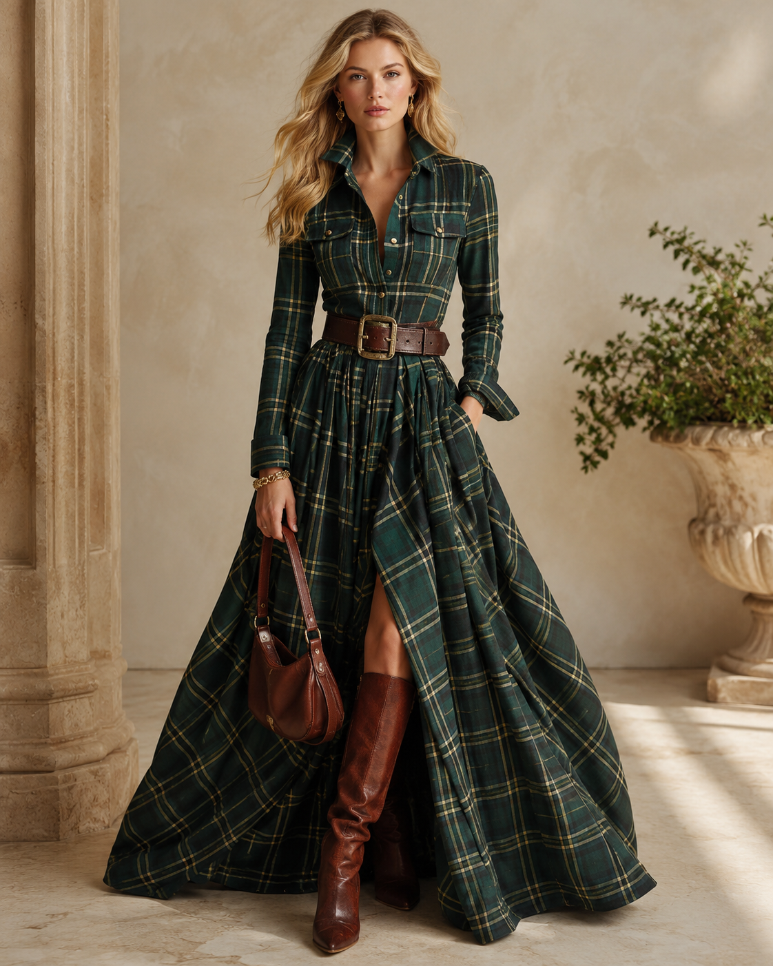 Calliope | Women's Tartan Button Up Maxi Dress