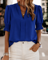 Lily | Women's V-Neck Puff Sleeve Chiffon Blouse Short Sleeve