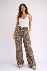 Lexi | Women's High Waist Leopard Print Flare Trousers Wide Leg Pants