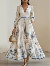 Halston | Elegant V-Neck Puff Sleeves Maxi Dress