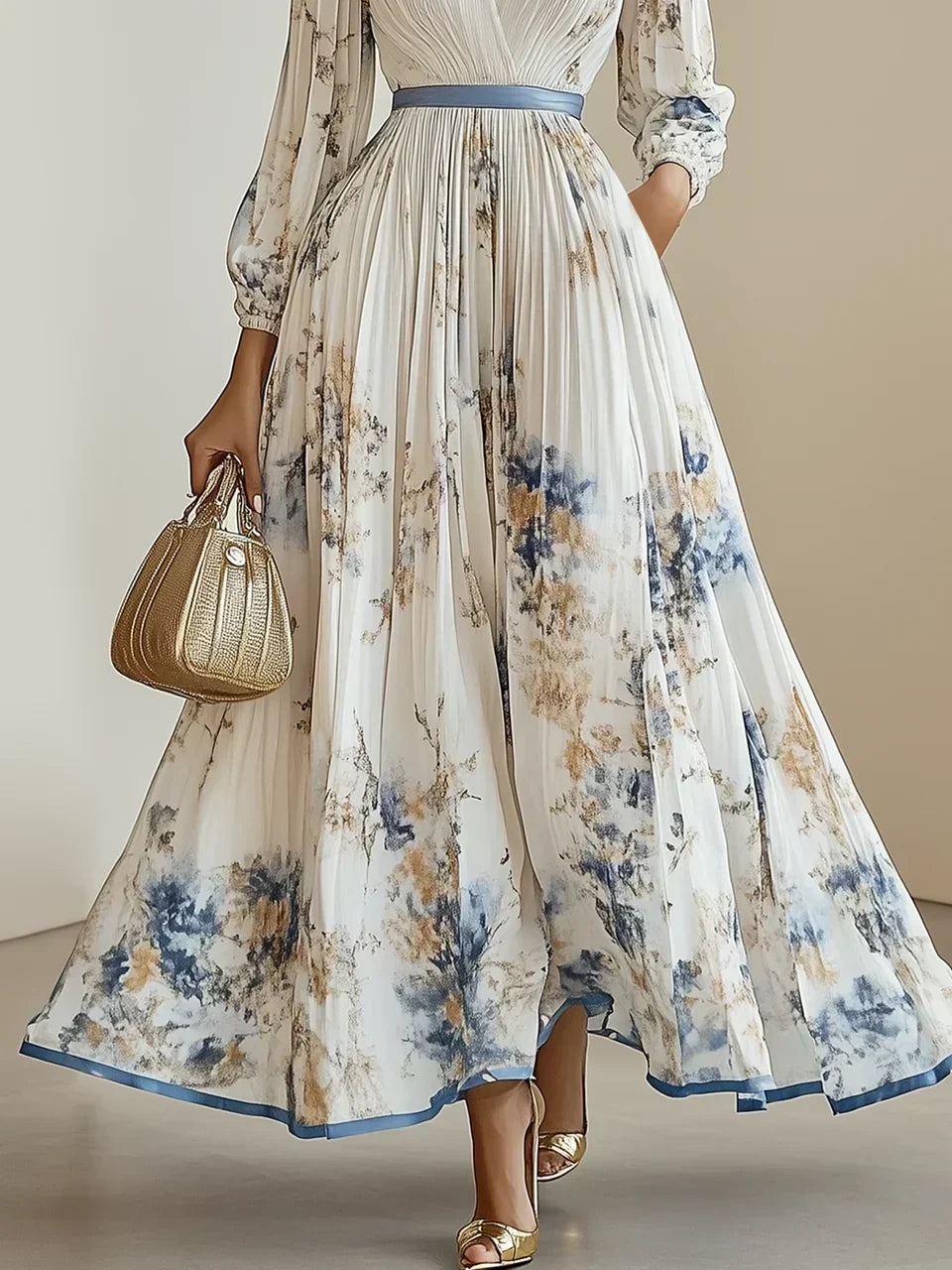 Halston | Elegant V-Neck Puff Sleeves Maxi Dress