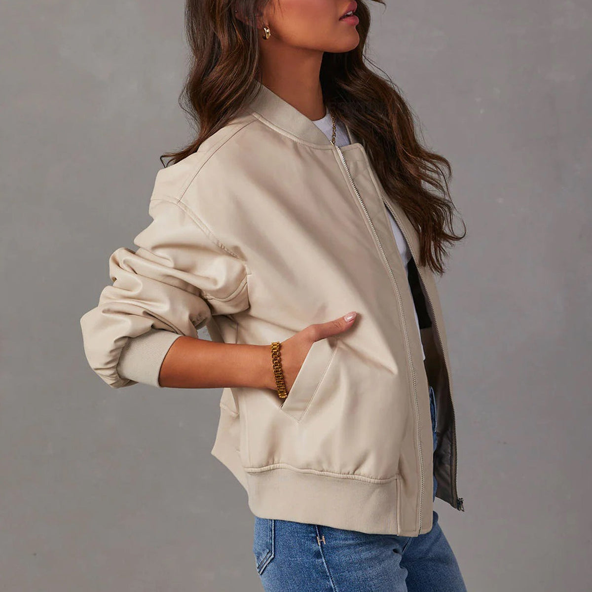 Women’s Faux-Leather Zip-Front Bomber Jacket