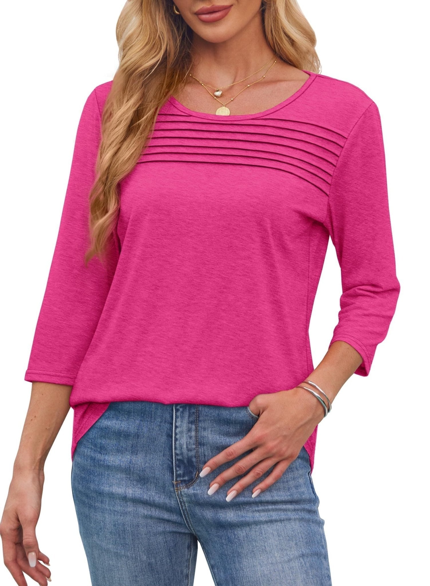 Tessa | Women's 3/4 Sleeve Pleated Top Scoop Neck Casual Everyday Top
