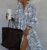 Sofia | Women's Boho Midi Dress Long Sleeve V-Neck Blue Print Tiered
