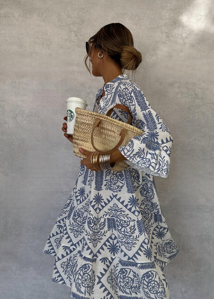 Sofia | Women's Boho Midi Dress Long Sleeve V-Neck Blue Print Tiered