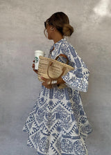 Sofia | Women's Boho Midi Dress Long Sleeve V-Neck Blue Print Tiered