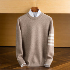 Men’s Lambswool Sleeve-Stripe Sweater in Beige
