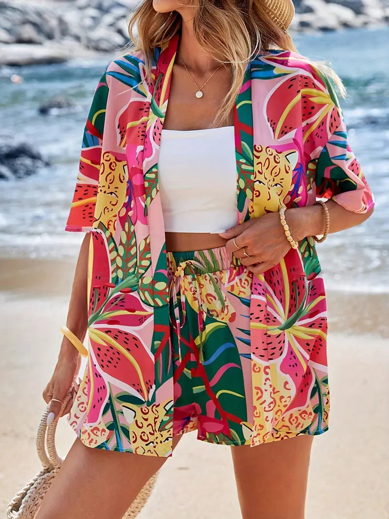Sunny | Women's 2 Piece Printed Kimono Cardigan and Shorts Set