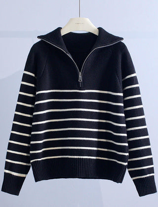 Women’s Cotton Striped Half-Zip Sweater in Black