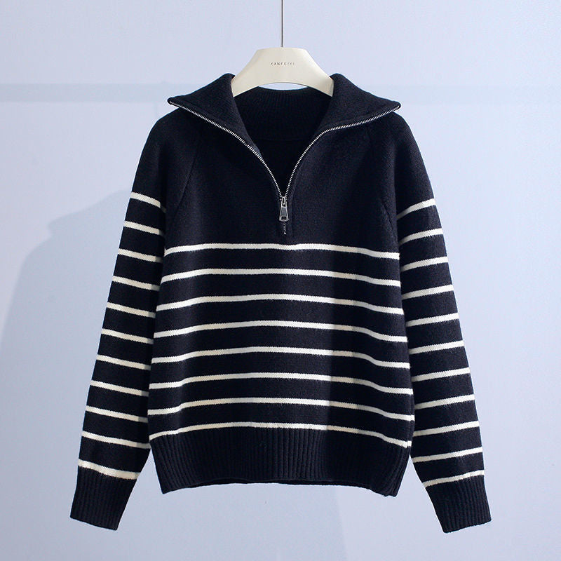 Women’s Cotton Striped Half-Zip Sweater in Black