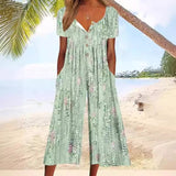 Wren | Women's Printed V-Neck Short Sleeve Jumpsuit Wide Leg