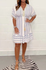Gail | Women's Boho Print Midi Dress V-Neck Short Sleeve Tiered Summer Dress