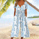 Wren | Women's Printed V-Neck Short Sleeve Jumpsuit Wide Leg