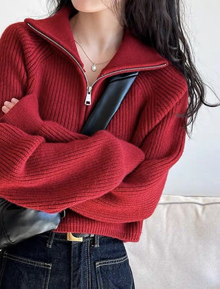 Women’s Oversized Quarter-Zip Knit Sweater in Red