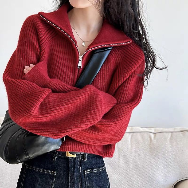 Women’s Oversized Quarter-Zip Knit Sweater in Red