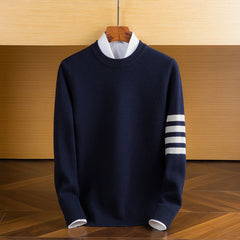 Men’s Lambswool Sleeve-Stripe Sweater in Navy