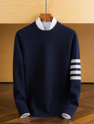Men’s Lambswool Sleeve-Stripe Sweater in Navy