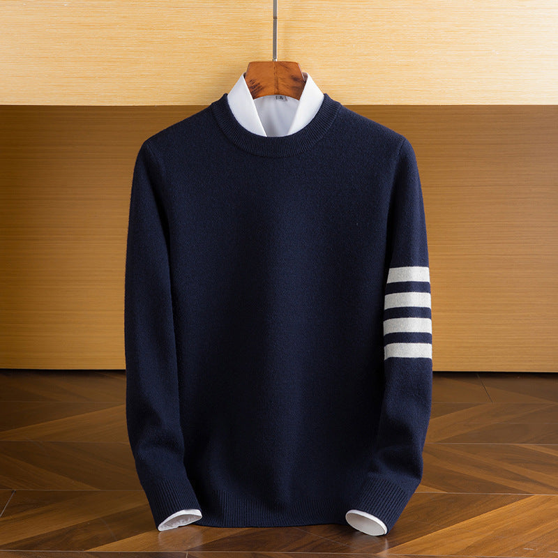 Men’s Lambswool Sleeve-Stripe Sweater in Navy