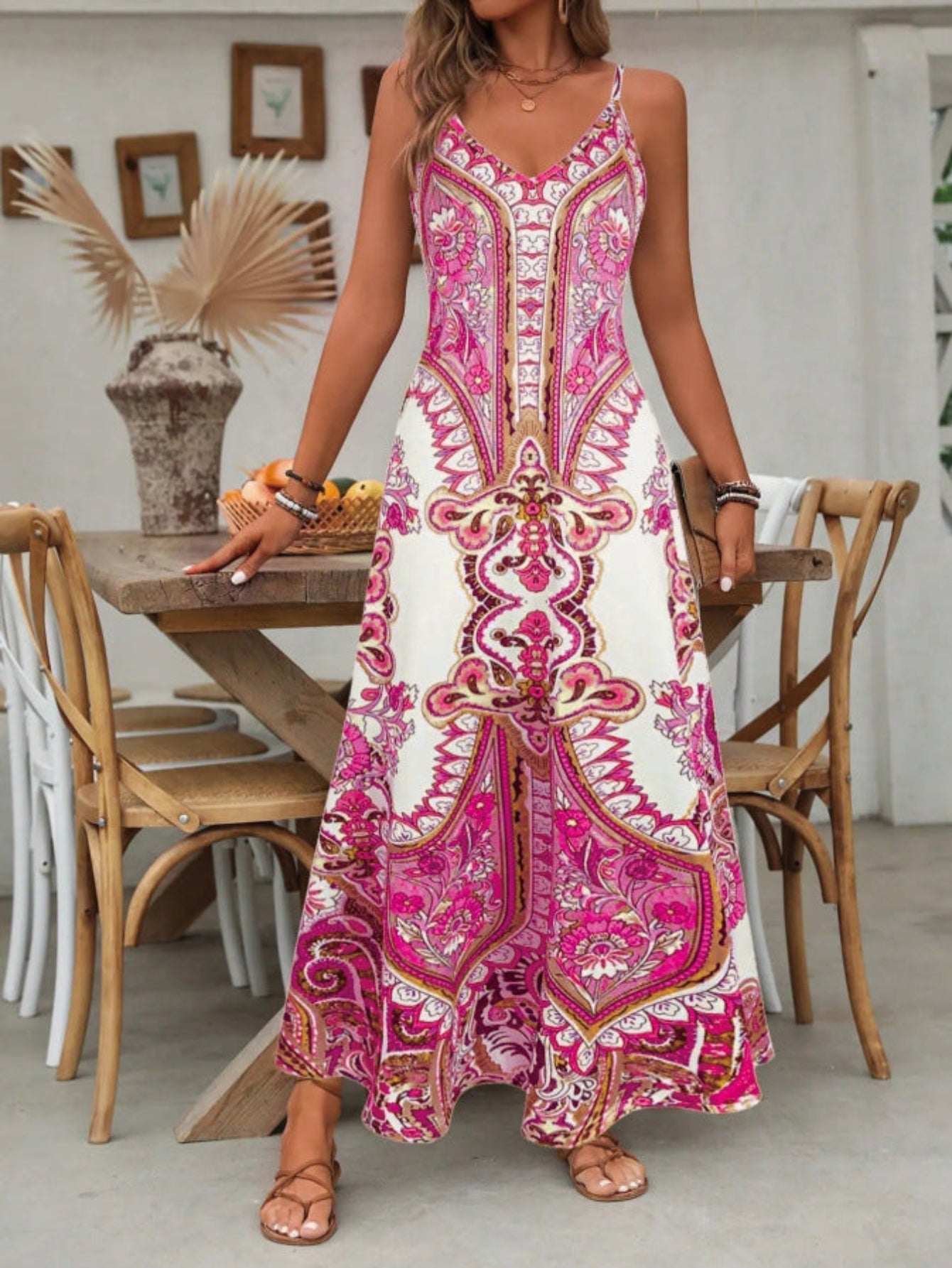 Maya | Women's Mandala Print V-Neck Spaghetti Strap Maxi Dress