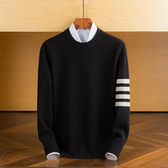 Men’s Lambswool Sleeve-Stripe Sweater in Black