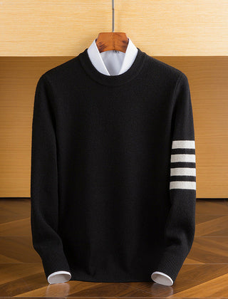 Men’s Lambswool Sleeve-Stripe Sweater in Black