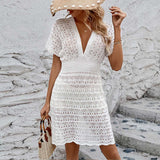 Aria | Women's Crochet V-Neck Mini Dress with Flutter Sleeves