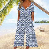 Wren | Women's Printed V-Neck Short Sleeve Jumpsuit Wide Leg