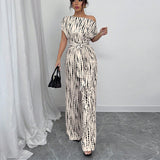 Mona | Women's Off Shoulder Wide Leg Jumpsuit Tie Waist Printed