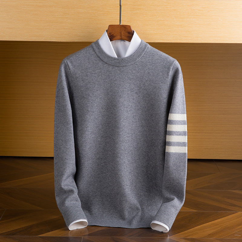 Men’s Lambswool Sleeve-Stripe Sweater in Gray