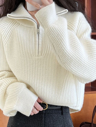 Women’s Oversized Quarter-Zip Knit Sweater in Cream