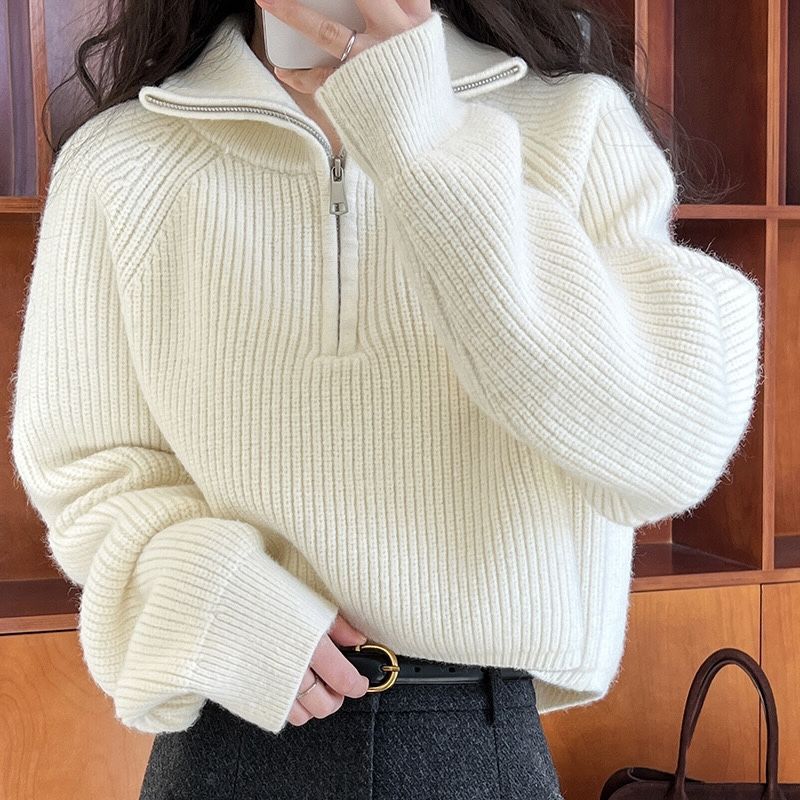 Women’s Oversized Quarter-Zip Knit Sweater in Cream