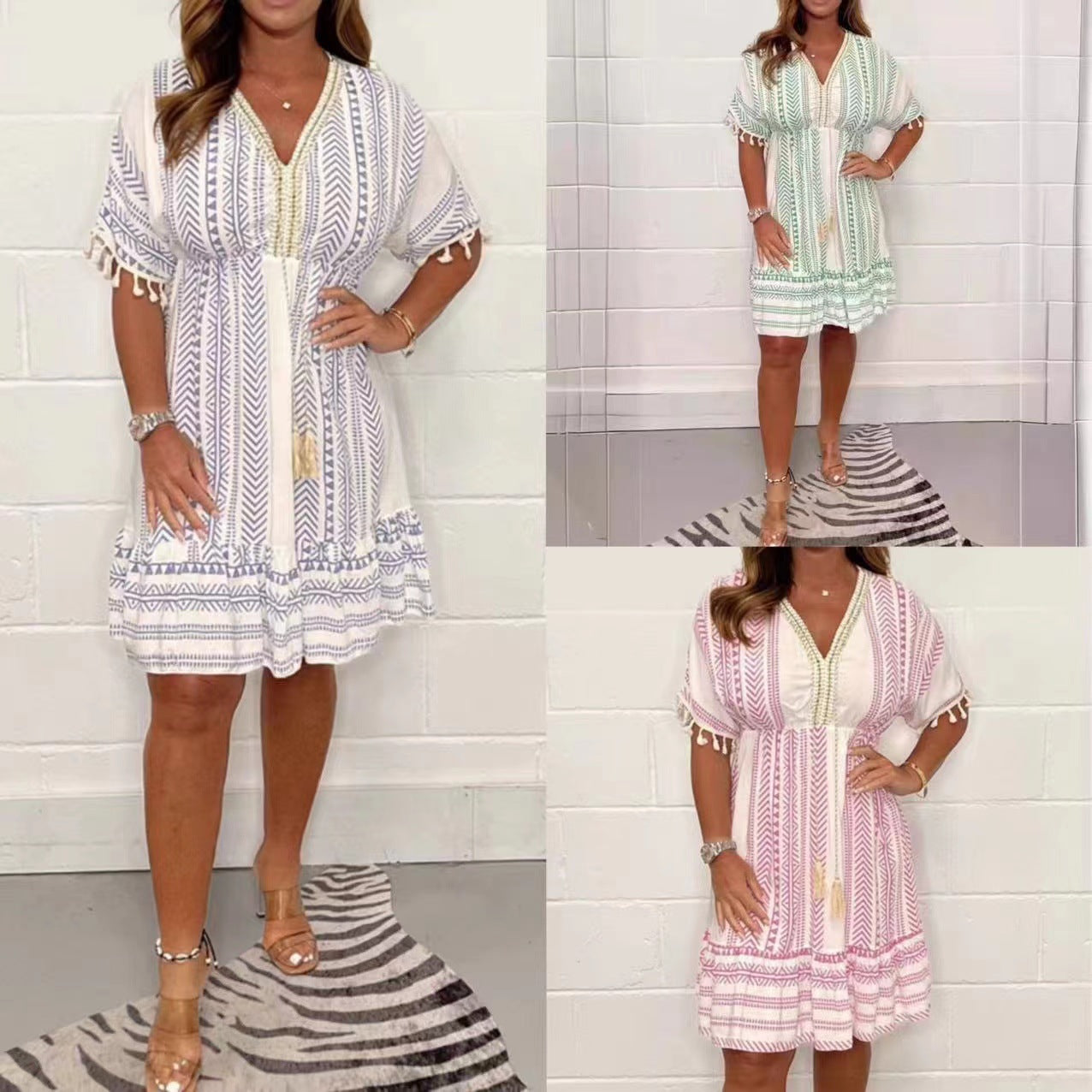 Gail | Women's Boho Print Midi Dress V-Neck Short Sleeve Tiered Summer Dress