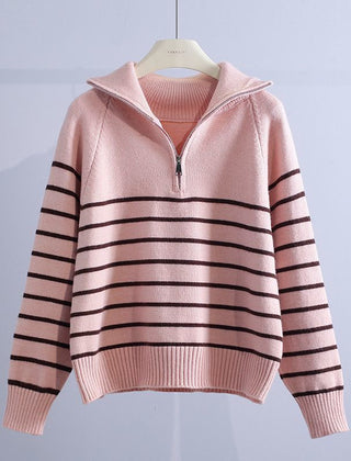 Women’s Cotton Striped Half-Zip Sweater in Pink