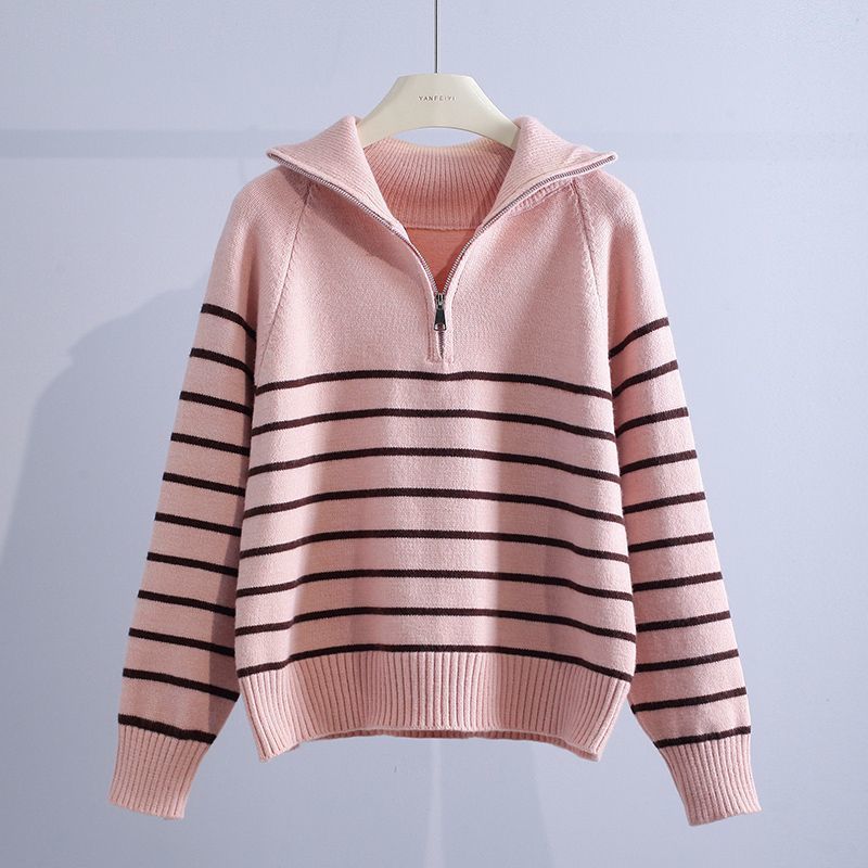 Women’s Cotton Striped Half-Zip Sweater in Pink