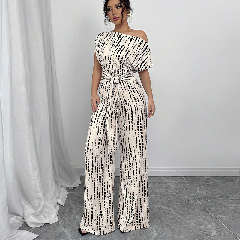 Mona | Women's Off Shoulder Wide Leg Jumpsuit Tie Waist Printed