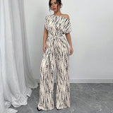Mona | Women's Off Shoulder Wide Leg Jumpsuit Tie Waist Printed